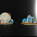 Colorful Beach Scene With Seashell Starfish Surfboard Palm Trees And Cartoon Decorations