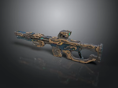 Futuristic Sci Fi Sniper Rifle Weapon With Detailed Metallic Blue Gold Accents And Scope 3d model