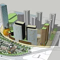 Modern Urban Commercial Complex Featuring High Rise Buildings Circular Golden Structure And Green Plaza