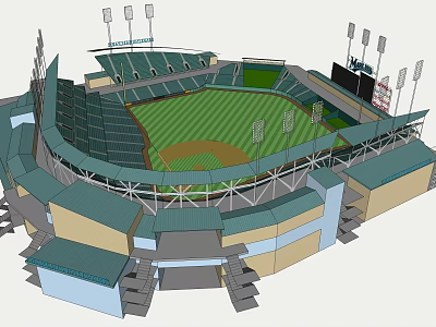 Baseball Stadium Architectural Design With Green Field Seating Areas And Lighting 3d model