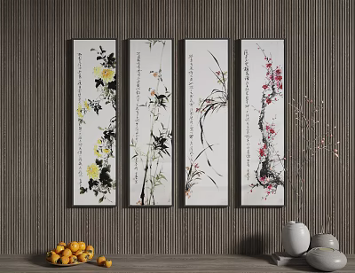 Four Vertical Plant Paintings With Floral Designs On Dark Striped Wall And Decorative Fruits Vases 3d model