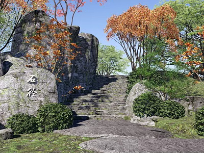 Traditional Garden Landscape With Stone Steps Orange Leaf Trees Green Bushes And Natural Rocks 3d model