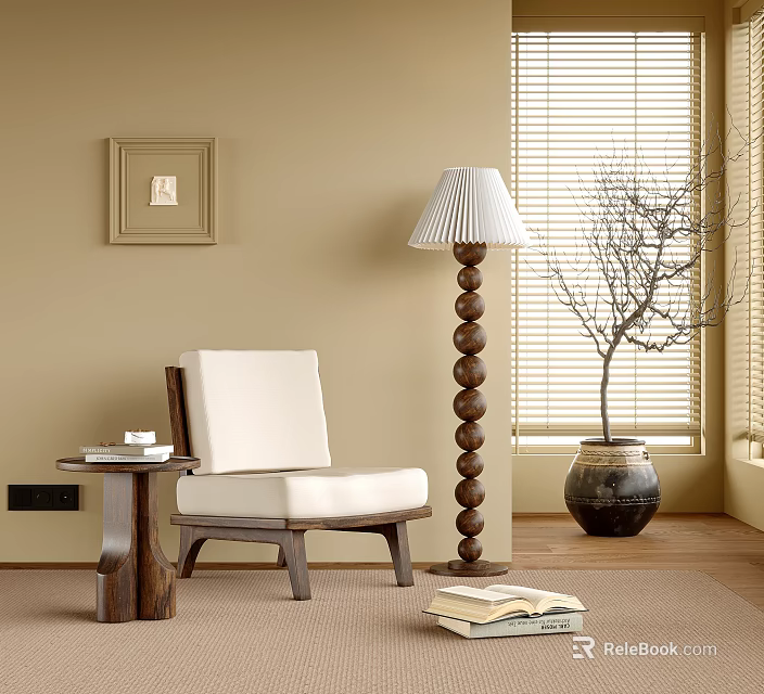 Accent Chair with White Cushion Wooden Frame Spiral Floor Lamp Near Side Table Books Vase 3d model 
