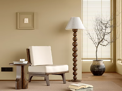 Accent Chair with White Cushion Wooden Frame Spiral Floor Lamp Near Side Table Books Vase 3d model