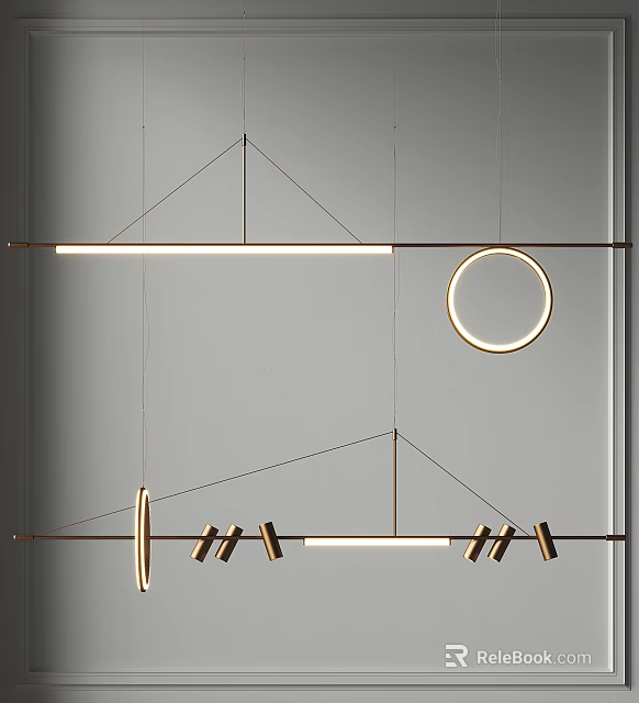 Modern Geometric Chandelier Featuring Linear And Circular Brass Metal Design 3d model