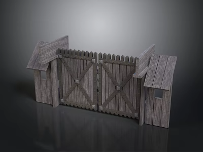 Rustic Wooden Gate With Small Side Sheds And Fence Structure Design 3d model