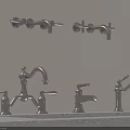 Different Styles of Modern Metal Water Faucets Mounted on Wall and Countertop