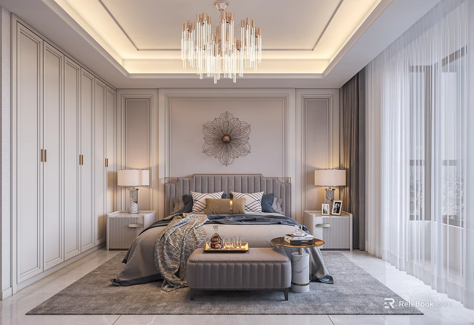 Elegant Modern Bedroom Interior With White Wardrobes Crystal Chandelier And Decorative Wall Art 3d model 