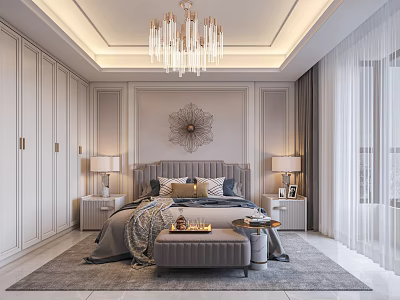 Elegant Modern Bedroom Interior With White Wardrobes Crystal Chandelier And Decorative Wall Art 3d model