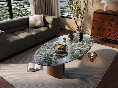 Grey Sofa with Pillow and Oval Marble Top Coffee Table in Modern Living Room 3d model