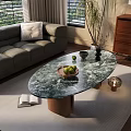 Grey Sofa with Pillow and Oval Marble Top Coffee Table in Modern Living Room