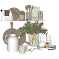 Elegant White Kitchenware With Wooden Cutting Boards Decorative Green Plants Kettle And Storage Containers