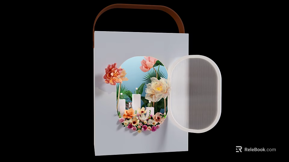 Artistic Floral Display In White Box With Brown Handle Circular Cutout And Open Mesh Lid 3d model 
