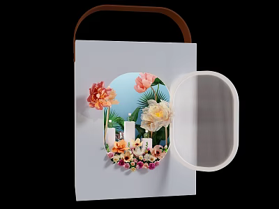 Artistic Floral Display In White Box With Brown Handle Circular Cutout And Open Mesh Lid 3d model