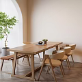 Modern Wooden Dining Table Set With Six Chairs And Indoor Plant Interior