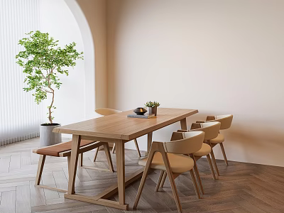 Modern Wooden Dining Table Set With Six Chairs And Indoor Plant Interior 3d model