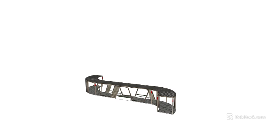 Modern Garden Landscape Featuring Curved Metal Bench With Striped Seating Design 3d model 