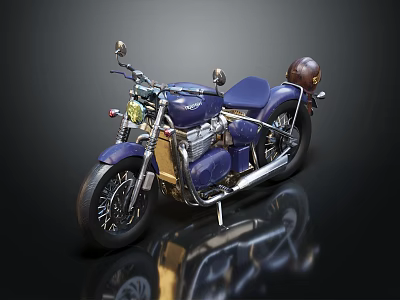 Vintage Blue Motorcycle With Leather Seat Spoked Wheels And Gold Accents 3d model
