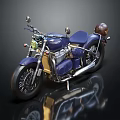 Vintage Blue Motorcycle With Leather Seat Spoked Wheels And Gold Accents