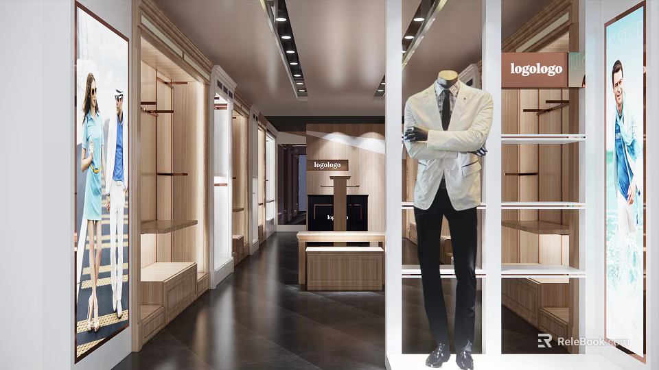 Modern Fashion Store Interior Design With Mannequin Display Racks Clothing And Logo 3d model 
