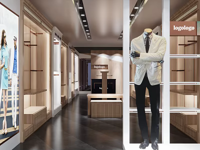 Modern Fashion Store Interior Design With Mannequin Display Racks Clothing And Logo 3d model