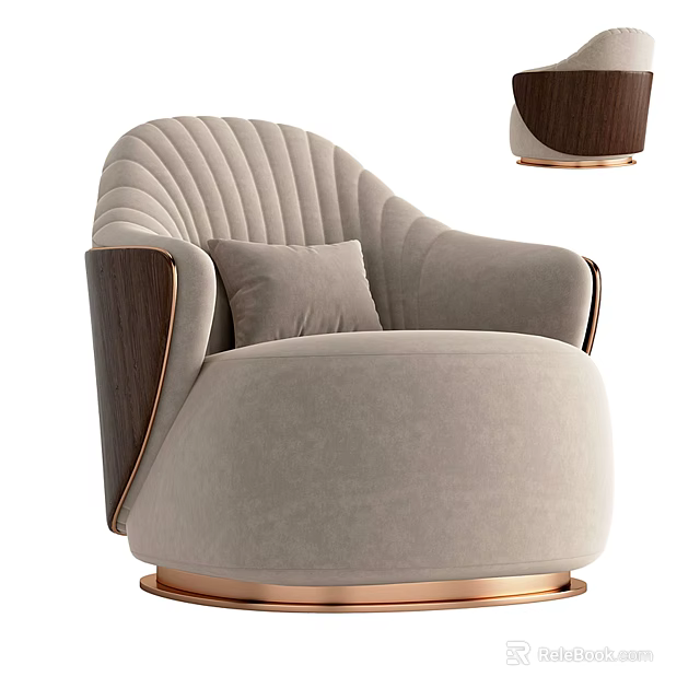 Light Gray Velvet Single Sofa With Curved Backrest Wooden Armrests And Rose Gold Metal Base 3d model 