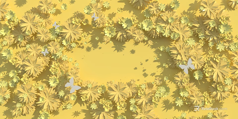 Yellow Floral Background Design With Yellow White Flowers And White Butterflies 3d model 
