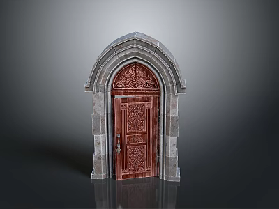 Architectural Wooden Door With Arched Stone Frame And Intricate Carved Details 3d model