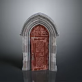 Architectural Wooden Door With Arched Stone Frame And Intricate Carved Details