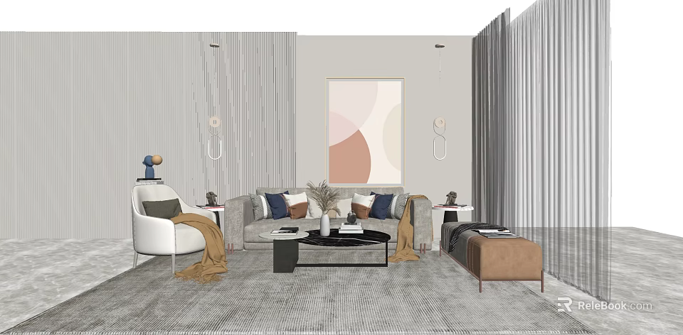 Modern Living Room Interior Featuring Light Gray Sofa Coffee Table Set And Abstract Art 3d model