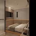 Modern Hotel Guest Room Interior With Comfortable Bed Wall Art And Attached Bathroom