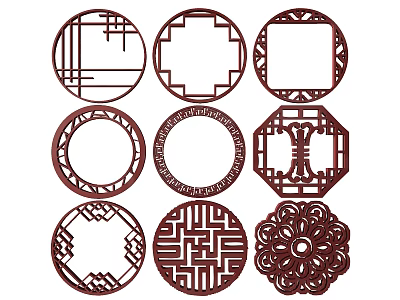 Traditional Wooden Carved Decorative Patterns With Circular Square Octagonal Shapes And Intricate Motifs 3d model