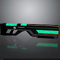 Futuristic Sci Fi Weapon with Green and Orange Glowing Strips and Tech Inspired Design