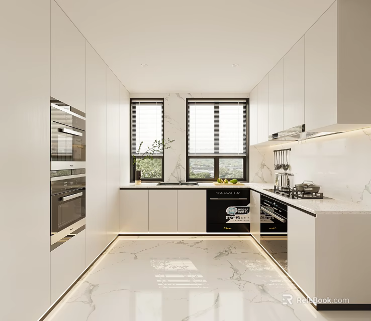 Modern Kitchen Interior With White Cabinets Appliances Marble Countertop And Natural Light 3d model 