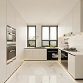 Modern Kitchen Interior With White Cabinets Appliances Marble Countertop And Natural Light