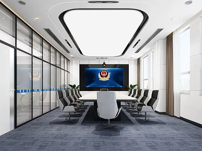 Modern Professional Conference Room With Long Table Black Chairs Large Screen And Glass Partitions 3d model