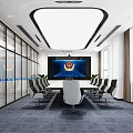 Modern Professional Conference Room With Long Table Black Chairs Large Screen And Glass Partitions