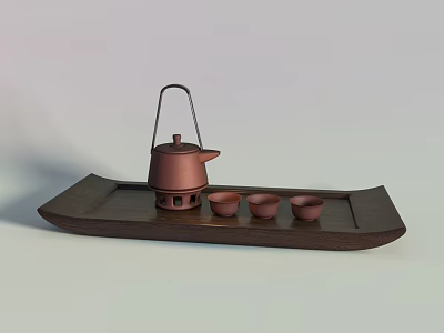 Traditional Brown Tea Set with Teapot Three Teacups on Wooden Tray 3d model