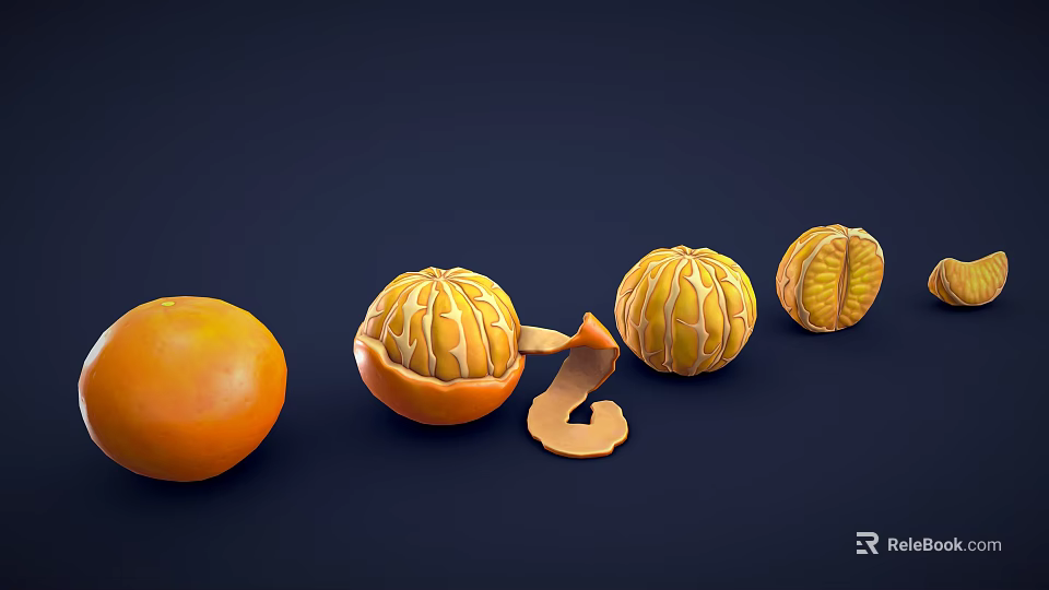 Fresh Oranges In Whole Peeled Segmented States With Peel On Dark Blue Background 3d model 