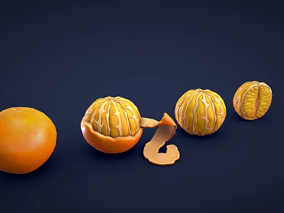 Fresh Oranges In Whole Peeled Segmented States With Peel On Dark Blue Background 3d model