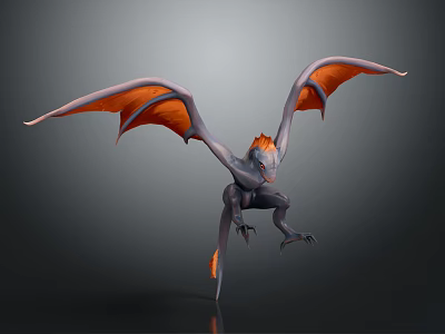 Mythical Fantasy Creature With Gray Body And Orange Wings In Outstretched Flying Pose 3D Render 3d model