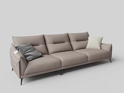 Gray Leather Multi Seat Sofa In Modern Style With Decorative Pillows And Black Metal Legs 3d model
