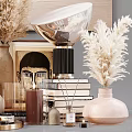 Elegant Decorative Ornament Set With Vases Dried Pampas Grass Sculptures Books And Candle Holders