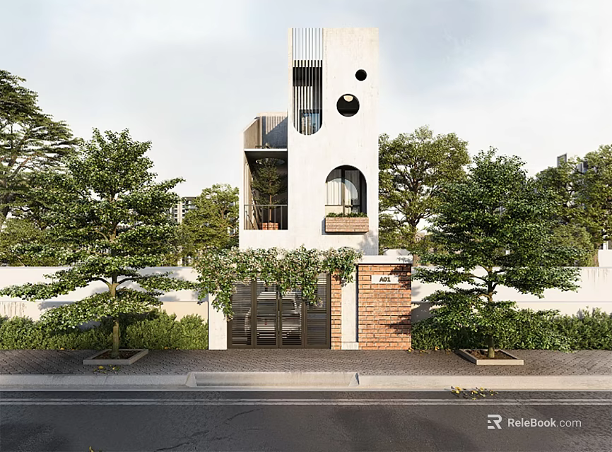 Modern Detached Villa With Circular Windows Lush Greenery And Front Courtyard 3d model 