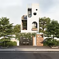 Modern Detached Villa With Circular Windows Lush Greenery And Front Courtyard