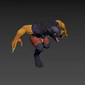 Game Movie Werewolf Character With Black Fur Yellow Eyes Sharp Fangs Bandaged Arms Red Shorts