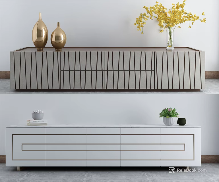 Modern TV Stand With Striped Design Gold Vases Yellow Flowers And White Drawers Green Plant 3d model 