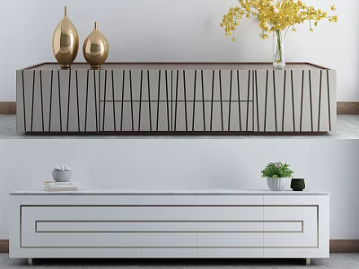 Modern TV Stand With Striped Design Gold Vases Yellow Flowers And White Drawers Green Plant 3d model