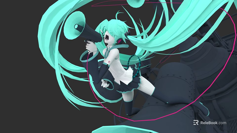 Game Anime Character With Green Long Hair Holding Megaphone In School Uniform Dynamic Green Aura 3d model 