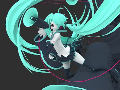 Game Anime Character With Green Long Hair Holding Megaphone In School Uniform Dynamic Green Aura 3d model